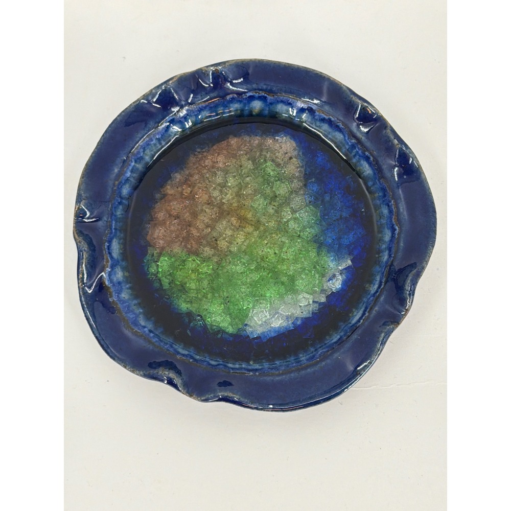 DTE Studio Pottery Melted Glass Crackle Center Bowl Cobalt Blue Ruffled Rim 5.5"